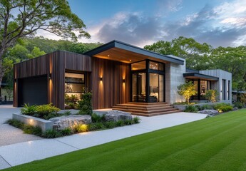 Modern timber cladding on the exterior of an Australian home, featuring dark brown wood with white accents