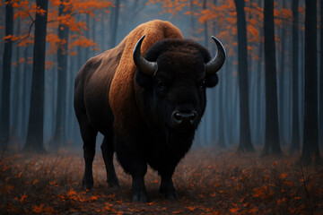 Majestic bison stands in autumn forest buffalo animal