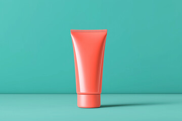 Coral Cream Tube on Matte Teal Background. Modern Minimal Skincare Mockup with Vibrant Contrast