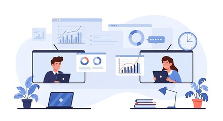 Digital Collaboration Business Professionals in Online Meeting with Data Charts, Remote Work, and Virtual Communication.
