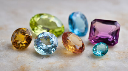 Assorted jewelry gemstones displayed on a light-colored surface