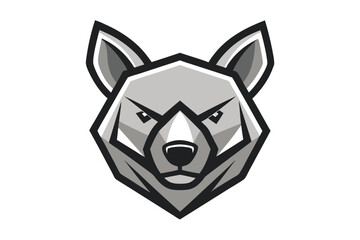 A stylized gray wolf head with piercing eyes stares intently forward on a white background