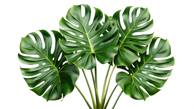 A cluster of lush green monstera deliciosa leaves, showcasing their unique natural shape, isolated on white isolated on transparent background