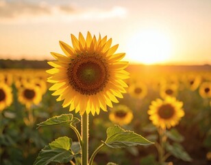 Obraz premium Bright yellow sunflower in full bloom under sunlight, close-up view with green leaves and blue sky background — ideal for summer, nature, and botanical theme 
