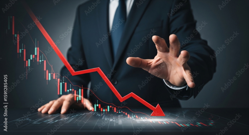 Aufkleber man wearing a suit with a red arrow pointing down and candle chart on a digital screen. concept of f