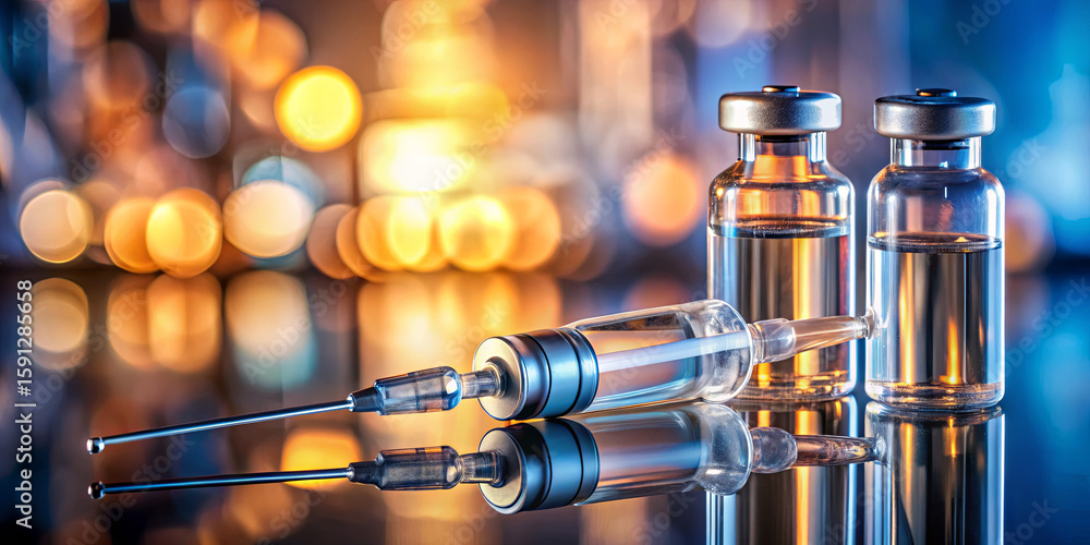 Poster vials filled with a clear substance sit beside syringes on a shiny surface, illuminated by gentle bo