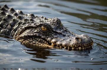 A close up of a crocodile's head partially submerged in water with its eye and teeth visible clearly