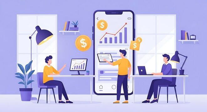 Financial Management Mobile App Illustration Team Collaborating on Investment Growth