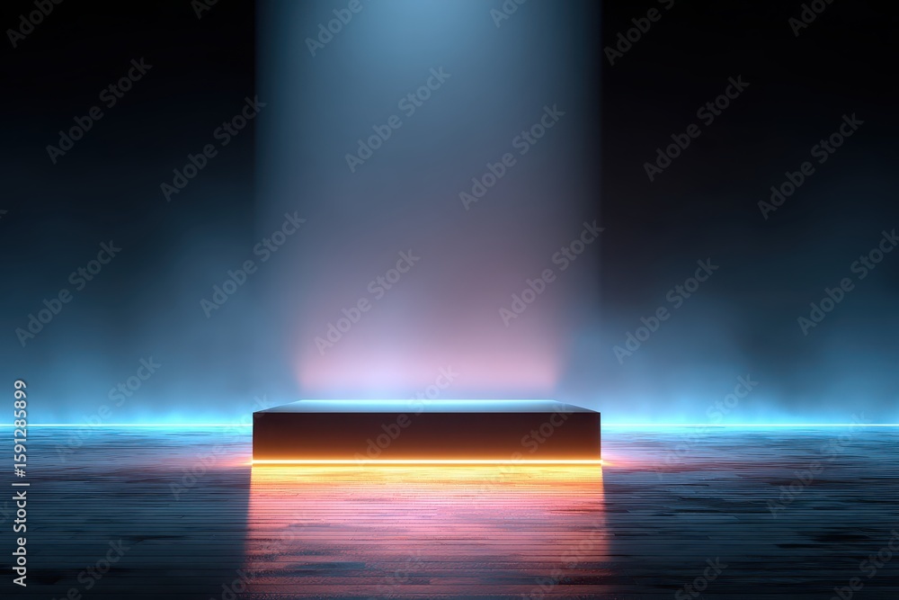 Poster a product display platform illuminated by a spotlight on a dark background. use this empty stage for