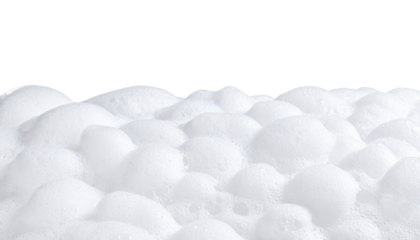 A close-up image of white soap foam bubbles clustered together on a black background.