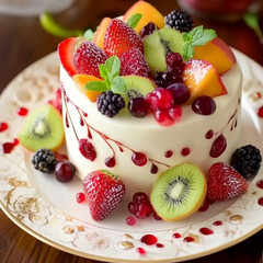 Delicious cream cake adorned with fresh colorful fruits. A vibrant treat perfect for dessert celebrations.