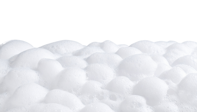 A close-up image of white soap foam bubbles clustered together on a black background.