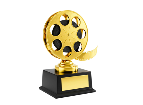 Golden film reel trophy award for cinema achievement isolated on transparent background