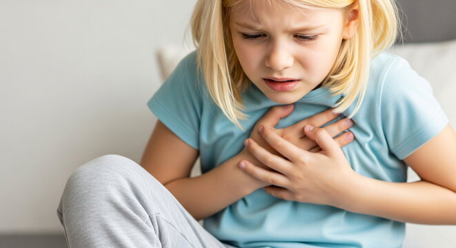A young blonde caucasian girl experiencing chest pain or difficulty breathing. Healthcare concept for children's well being and health.
