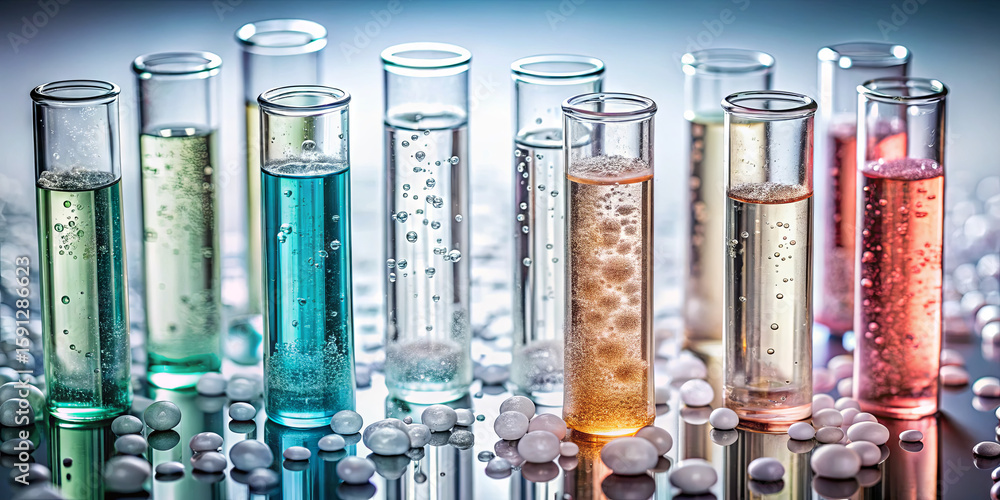 Poster a collection of test tubes filled with vibrant liquids displaying bubbles. the colorful arrangement 