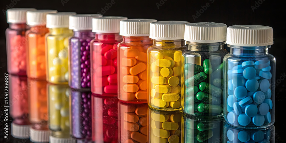 Poster bottles filled with pills in various colors are neatly lined up on a shiny black surface. the bright