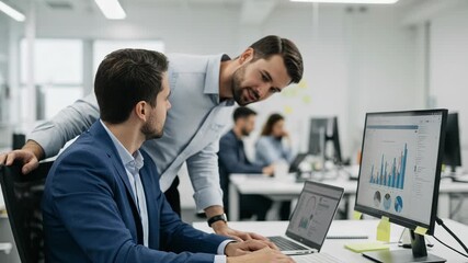 Two smiling colleagues working together on a computer displaying business analytics - Powered by Adobe