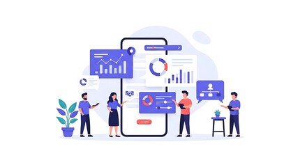Mobile App Development Illustration Business Team Analyzing Data for User Interface Design