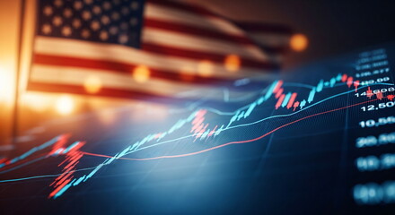 Financial stock market chart with glowing lines and numbers, set against a blurry American flag background. Global economic data analysis.