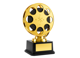 Golden film reel trophy award for cinema achievement isolated on transparent background