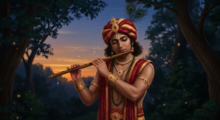 Elegant Young Man in Royal Indian Attire Playing Flute in Twilight Forest – Peacock Feathers, Peaceful Expression, Glowing Light, Vibrant Fantasy Art with Mystical and Spiritual Atmosphere

