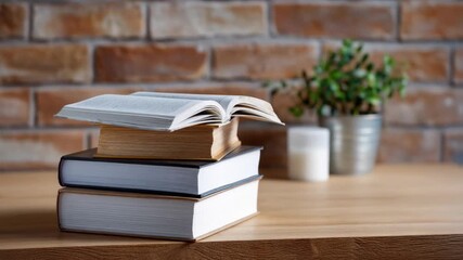A stack of books on a wooden table in front of a brick wall, the open book is positioned above the stack - Powered by Adobe