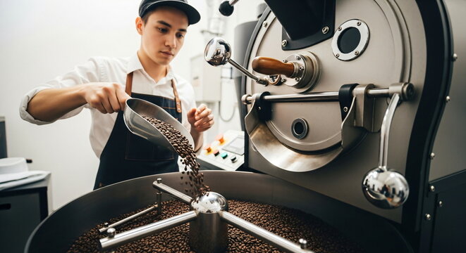 Young man pouring coffee beans into a professional roasting machine. Barista making fresh roasted coffee beans. Coffee production process.