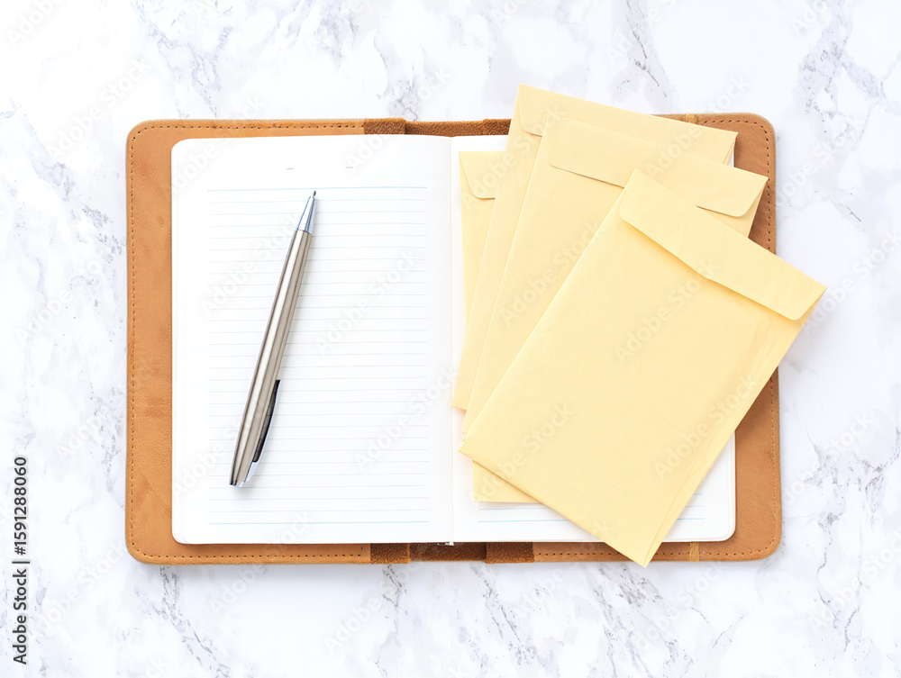 Poster an open notebook with a pen and envelopes on a marble surface