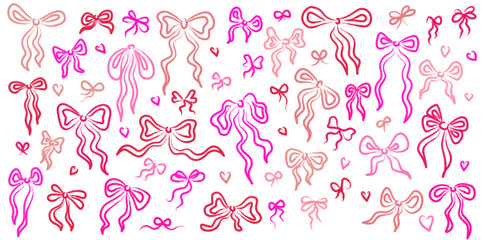 Pink ribbon bows with shiny marker texture for birthday gift wrapping, party decor, and festive packaging
