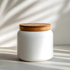 White ceramic storage jar with a wooden lid and soft shadows