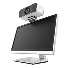 A white webcam is attached to a silver computer monitor with a black screen isolated on transparent background