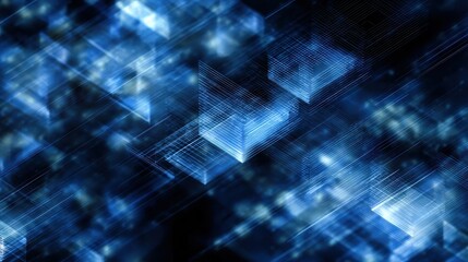Obraz premium Abstract blue cubes, futuristic and technological background image. Represents complex systems, AI, networks, or data analysis.