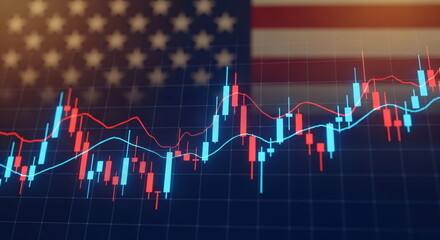 Financial candlestick chart with lines and grid. Stock market data analysis for USA economy and investment. Blue and red graph.