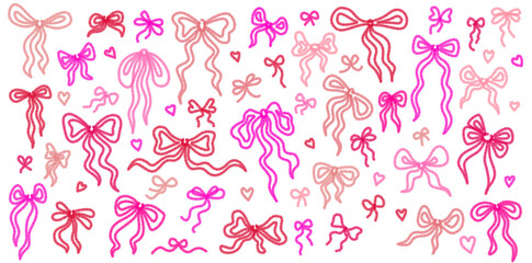 Ribbon bows with wavy stroke texture in pink-red tones for Christmas gift wrapping and holiday layout accents
