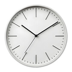 A minimalist white wall clock with black hands and no numbers, isolated on a transparent background