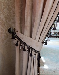 beige silk curtain, interior decor elements, curtain decoration, portiere