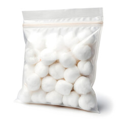 A clear plastic bag filled with fluffy white cotton balls, some spilling out onto a white surface