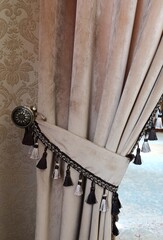 beige silk curtain, interior decor elements, curtain decoration, portiere
