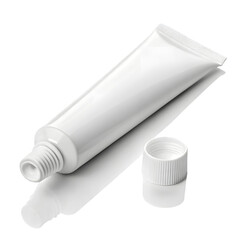 A white cosmetic cream tube with its cap removed, isolated on a transparent background