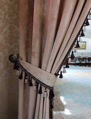 beige silk curtain, interior decor elements, curtain decoration, portiere