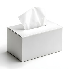 A white tissue box with a stack of white tissues emerging from the top