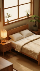 Minimalist Japandi-Style Bedroom Interior in Natural Light