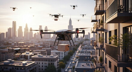 Fototapeta premium Drone delivery over modern city buildings at sunset. Automated aerial package transport. Future express logistics for e-commerce.