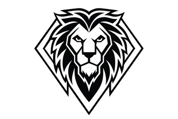 Detailed black and white lion head is inside a geometric diamond shape