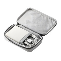 A usb hub and its charging cable neatly stored in a gray protective case isolated on transparent background