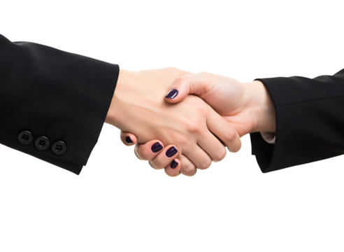 Two business professionals shaking hands in agreement isolated on transparent background