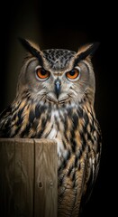 Intense close up portrait of a majestic eurasian eagle owl with bright orange eyes