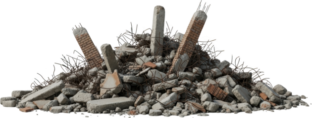 Pile of broken concrete debris exposed rebar and brick fragments debris pile isolate transparent background