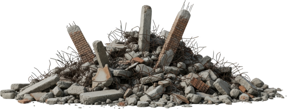 Pile of broken concrete debris exposed rebar and brick fragments debris pile isolate transparent background