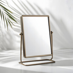 A rectangular metal vanity mirror with a brushed gold finish rests on a table